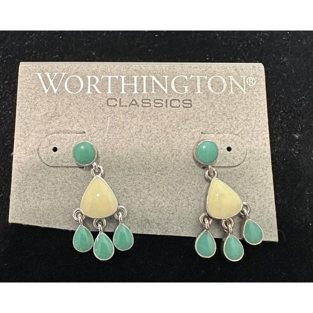 NEW Worthington Silver Tone Faux Turquoise Dangle Earrings Pierced South Western